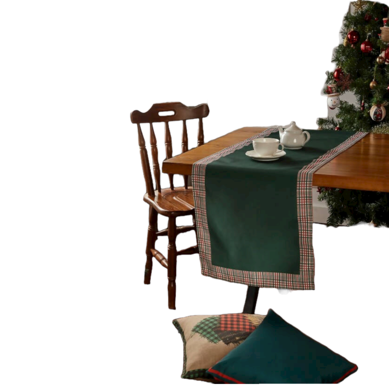 Hunter Green and Red Runner with Plaid Border, Holiday Decor - Image 3